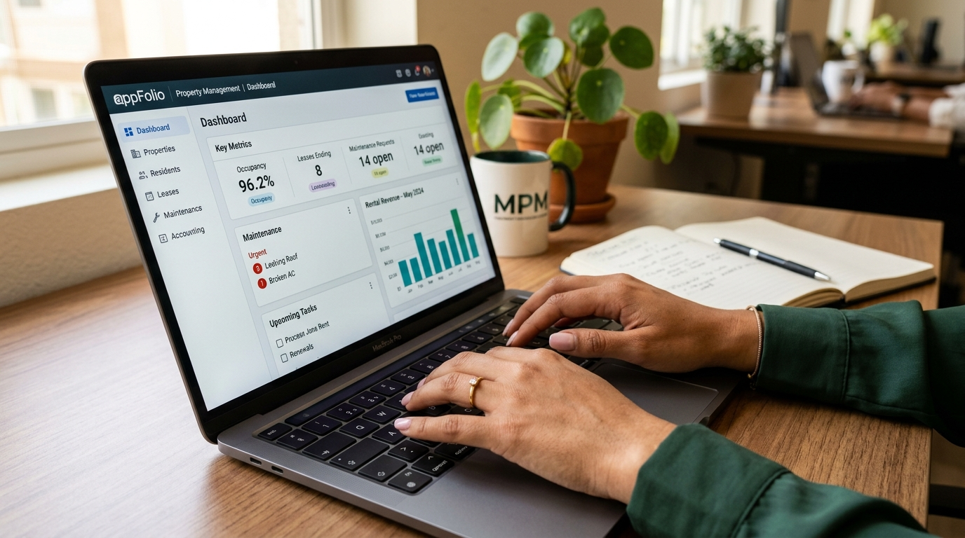 Nearshore virtual assistant managing property listings on AppFolio dashboard as part of a flat-rate virtual assistant pricing package