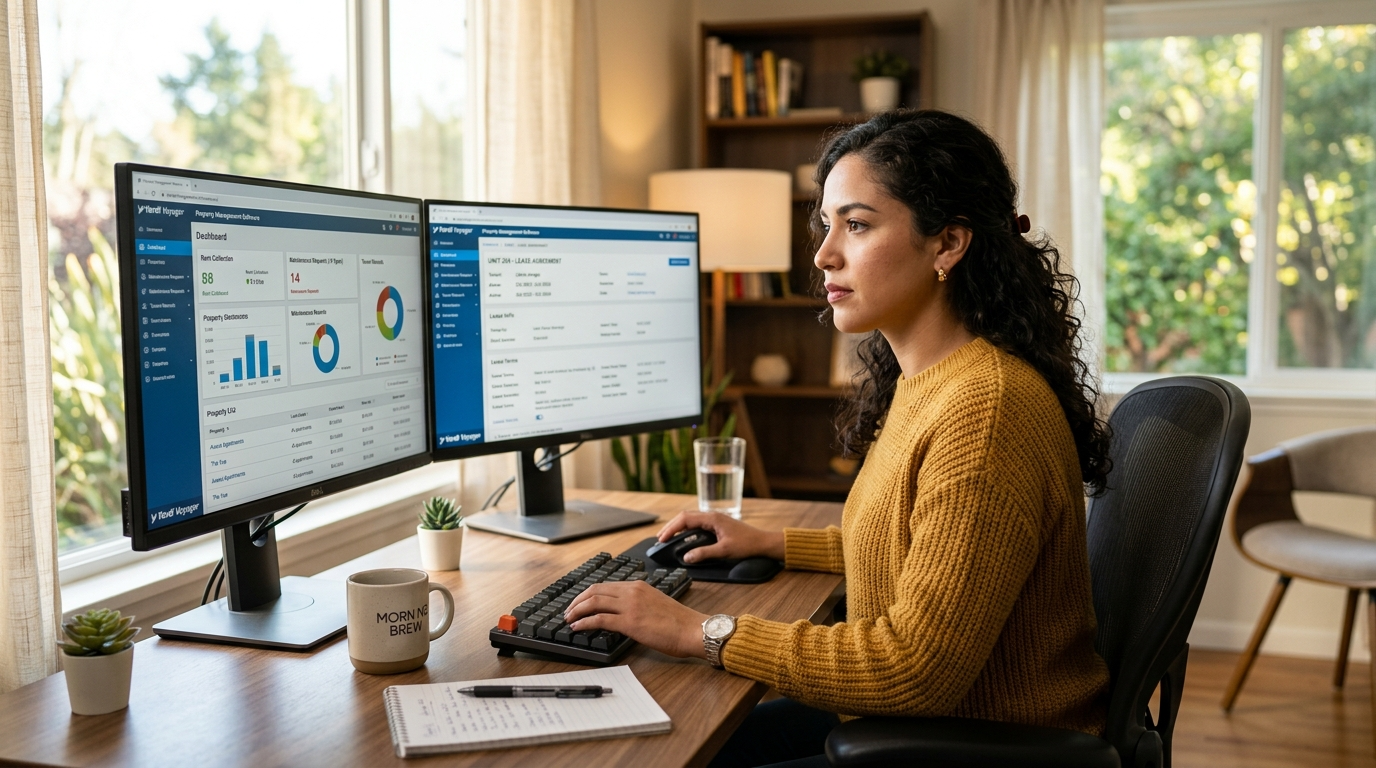 Latin American virtual assistant managing a retainer-based workload on dual monitors with property management software visible