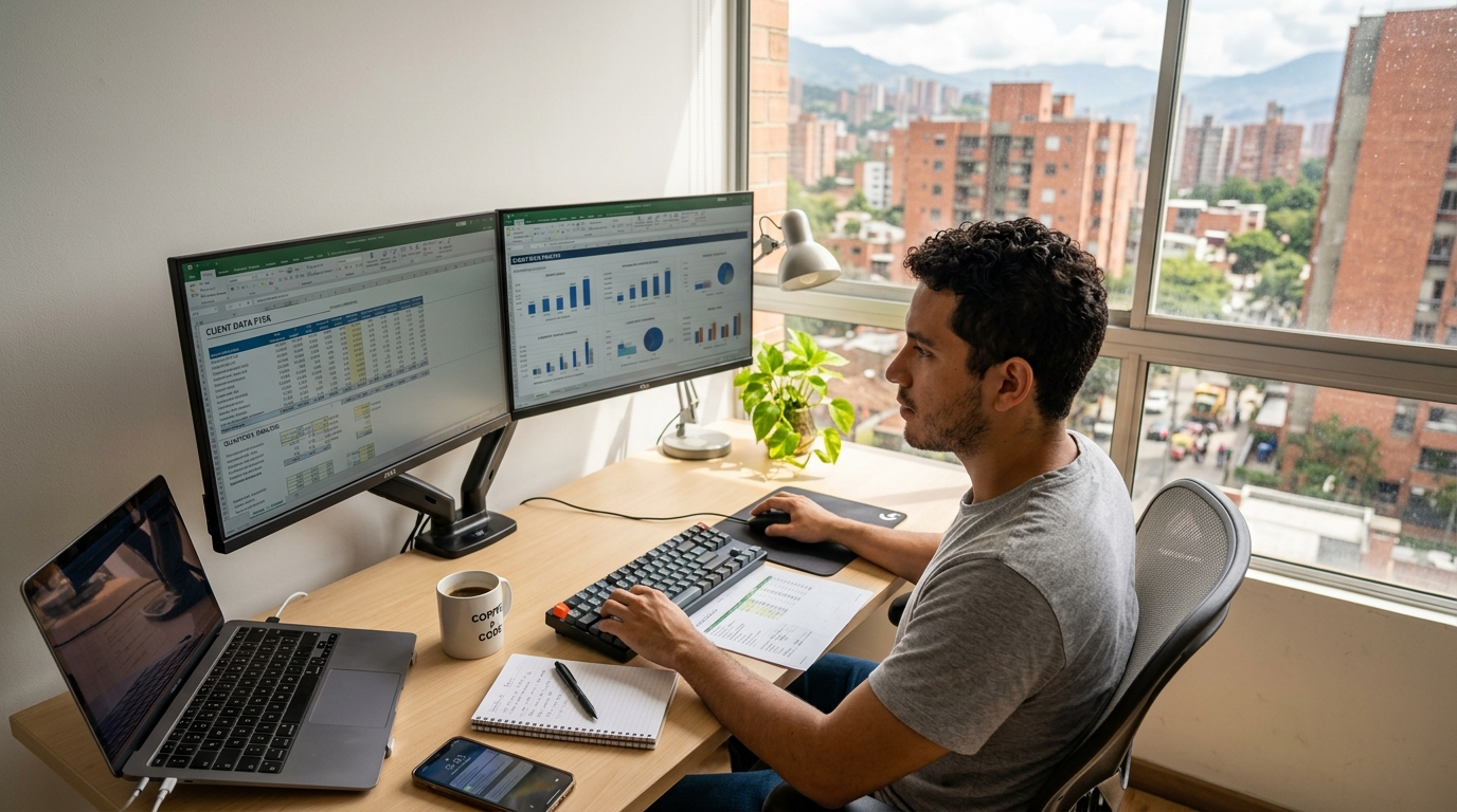 Latin American virtual assistant reviewing retainer package cost comparison on dual monitors in a modern home office