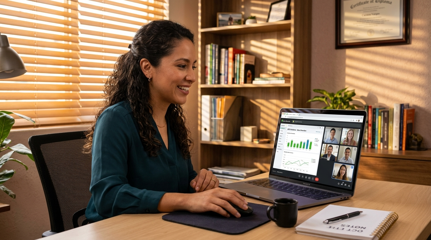 Nearshore virtual assistant on a live video call with US client, QuickBooks bookkeeping software visible on screen