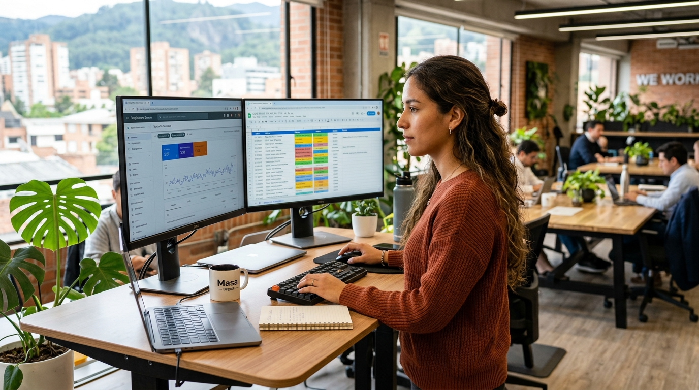 Nearshore virtual assistant managing SEO dashboards on dual monitors in a modern Latin American co-working office