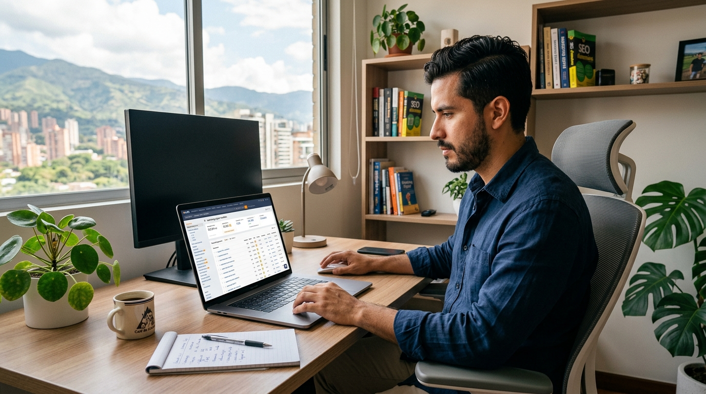 Nearshore SEO virtual assistant reviewing keyword research data in Ahrefs on a laptop in a Latin American home office