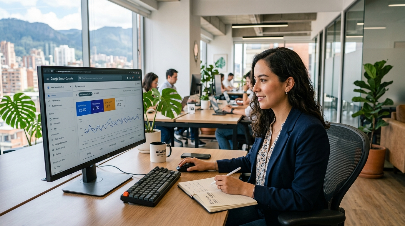 Nearshore SEO virtual assistant analyzing Google Search Console data on a large monitor in a Colombian office
