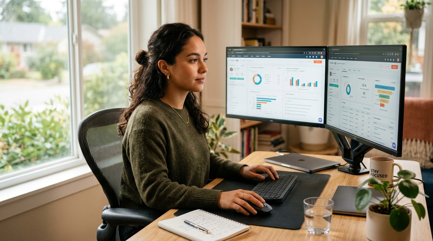 Latin American virtual assistant working full-time for a growing US company, dual monitors showing CRM data, professional home office setup