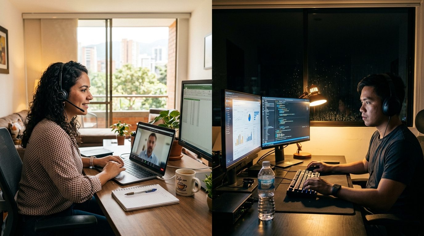 Nearshore Latin American virtual assistant on a live daytime call versus offshore VA working overnight — timezone contrast for growing companies