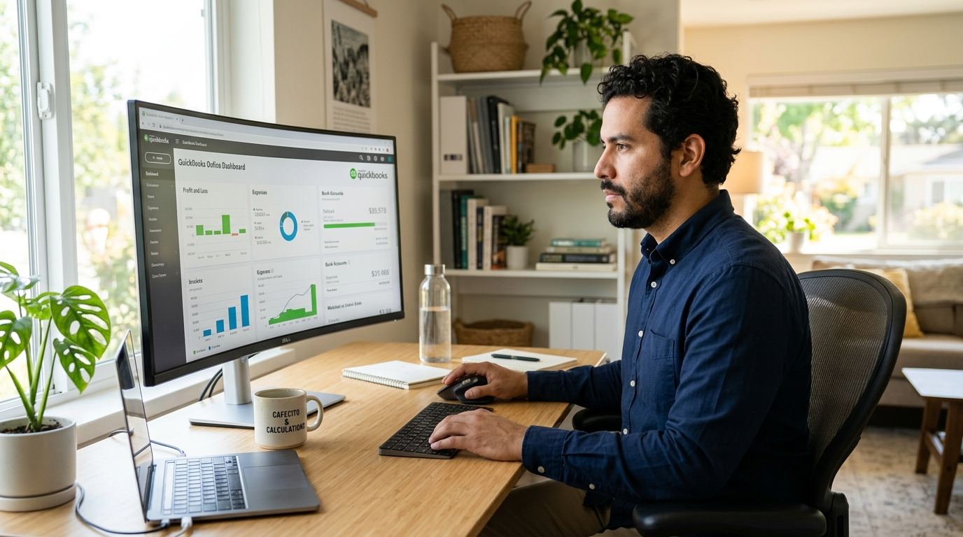 Latin American virtual assistant managing QuickBooks bookkeeping tasks remotely for a growing US company, professional home office