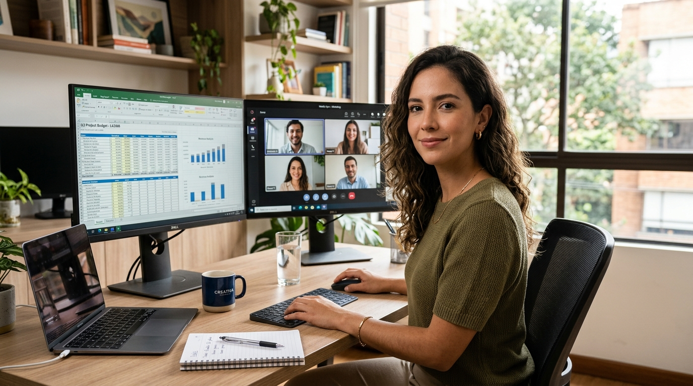 Latin American nearshore virtual assistant providing virtual assistant services for SMEs Edinburgh on a video call at a well-lit home office desk