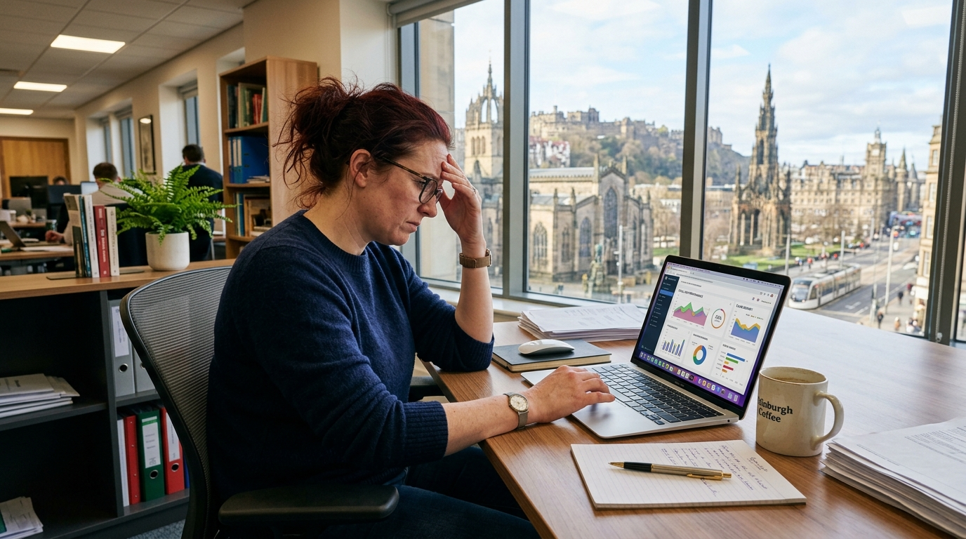 Edinburgh SME business owner reviewing admin backlog on a laptop, considering virtual assistant services for SMEs Edinburgh
