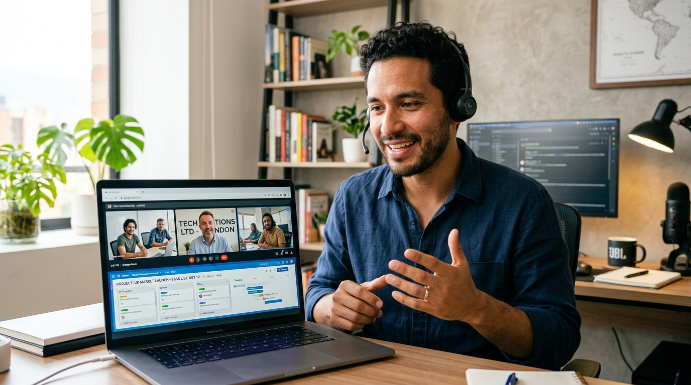 Nearshore Latin American virtual assistant on a live video call collaborating with an Edinburgh SME team during UK business hours