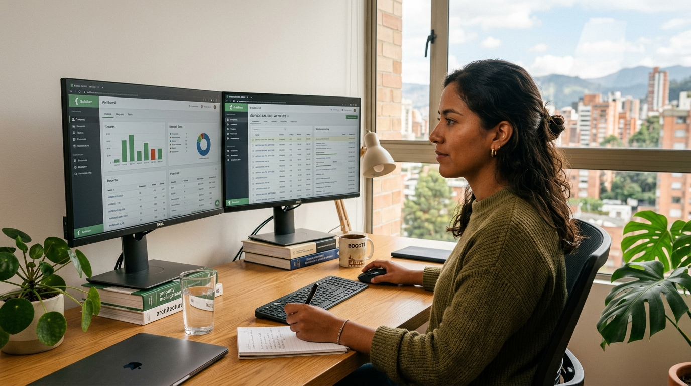 Nearshore virtual assistant reviewing property management software dashboard in a Latin American home office in 2026