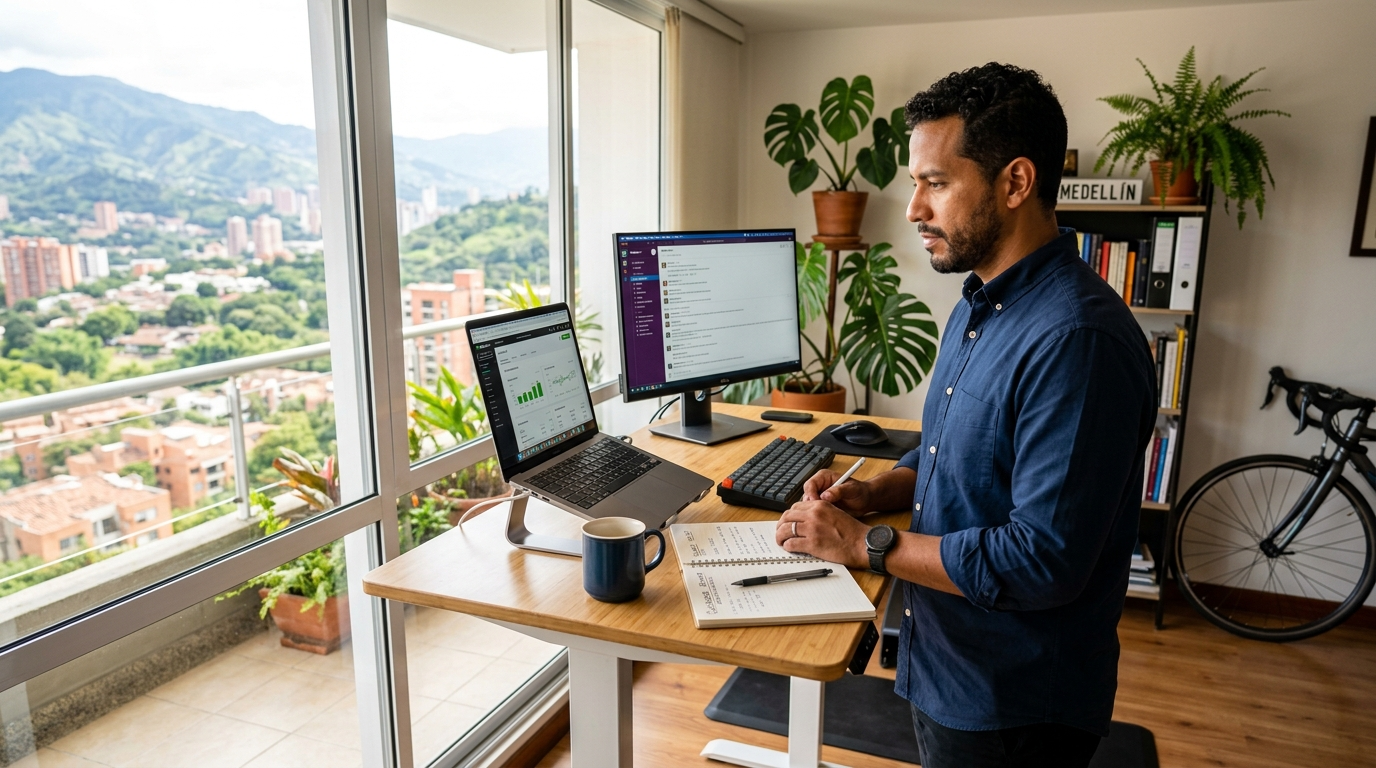Latin American virtual assistant reviewing QuickBooks bookkeeping dashboard in 2026 nearshore work setup