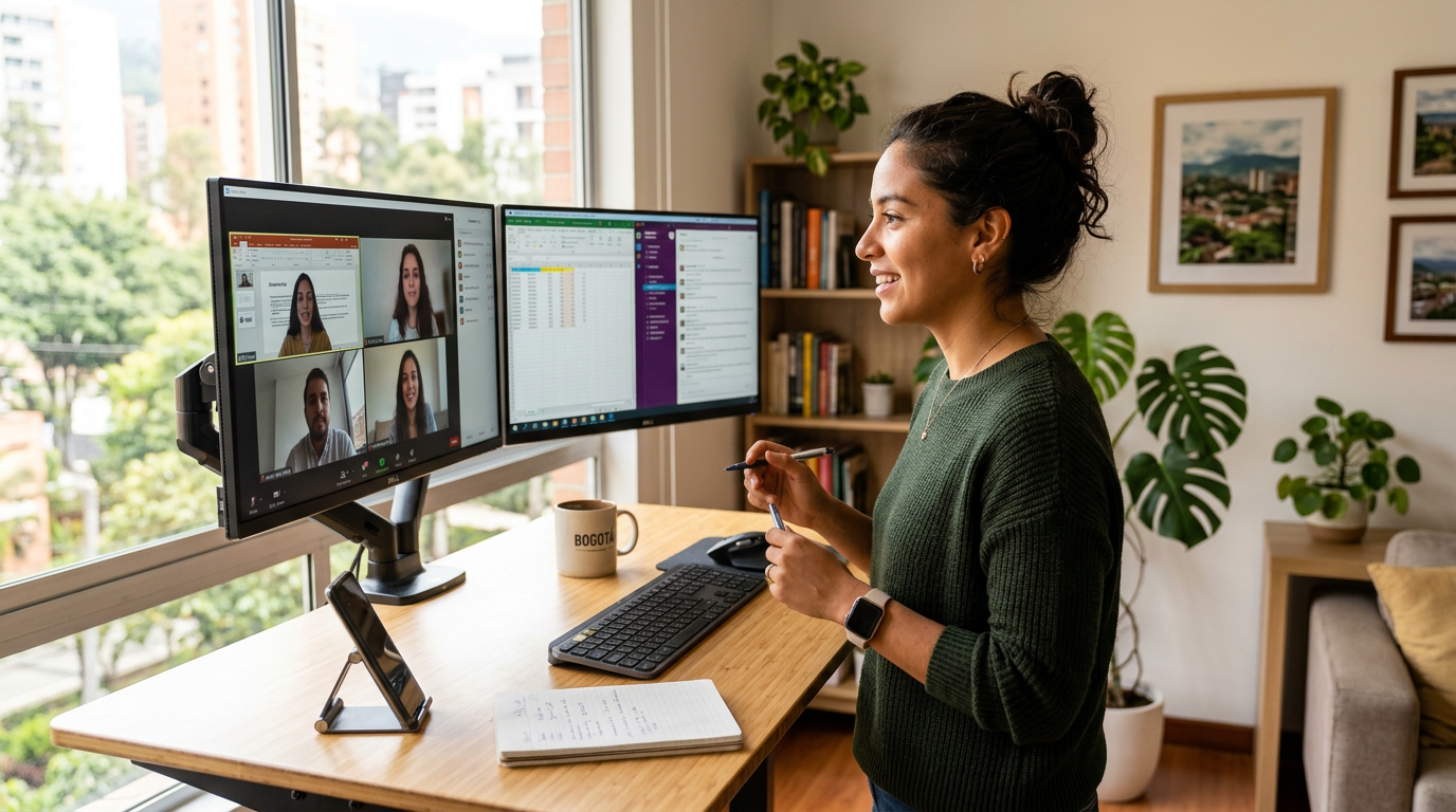 Latin American nearshore virtual assistant on a video call, comparing virtual assistant vs executive assistant roles for a US business client, 2026