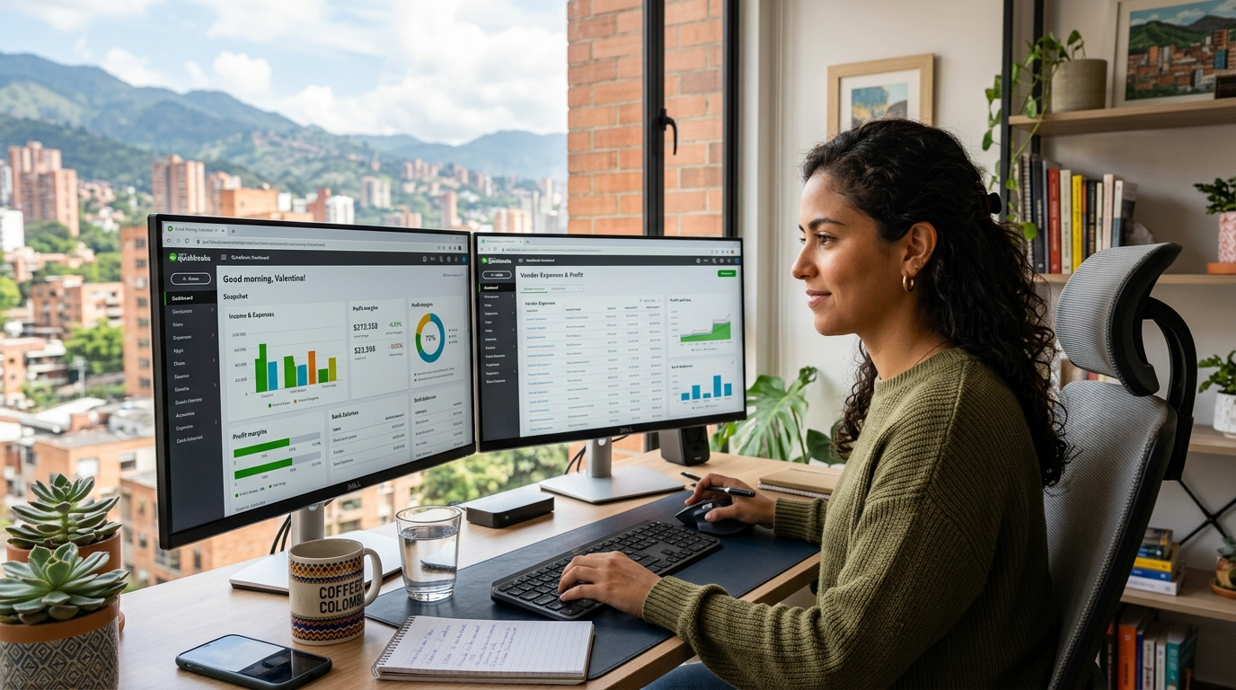 Nearshore virtual bookkeeper reviewing QuickBooks dashboard — virtual bookkeeper cost guide 2026