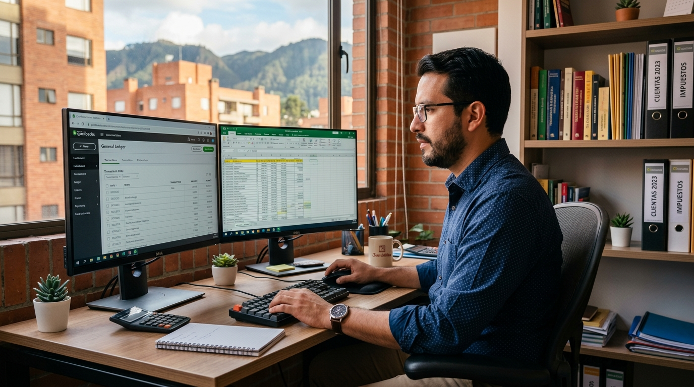 Nearshore virtual bookkeeper in Bogotá reviewing QuickBooks ledger — virtual bookkeeper cost 2026