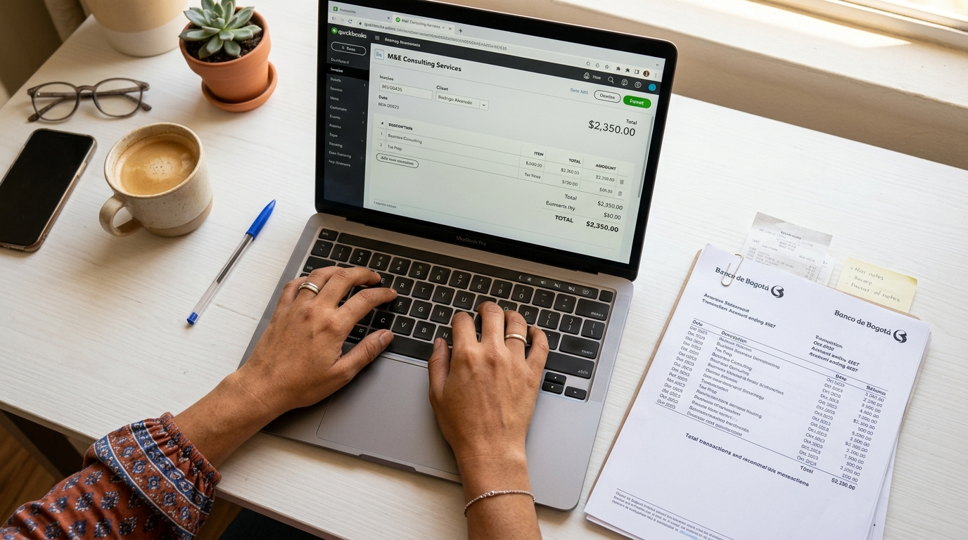 Virtual bookkeeper reconciling QuickBooks invoices — nearshore bookkeeping cost guide 2026