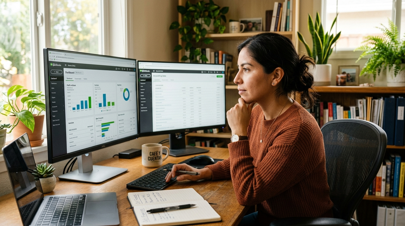 Latin American virtual bookkeeper reviewing QuickBooks dashboard on dual monitors while managing client accounts remotely in 2026