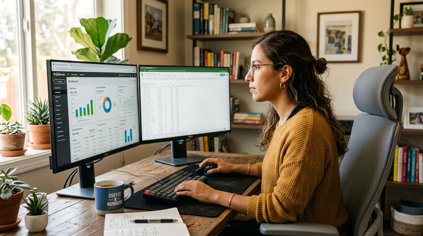 Latin American virtual bookkeeper reviewing QuickBooks dashboard — virtual bookkeeper vs CPA vs fractional CFO comparison 2026