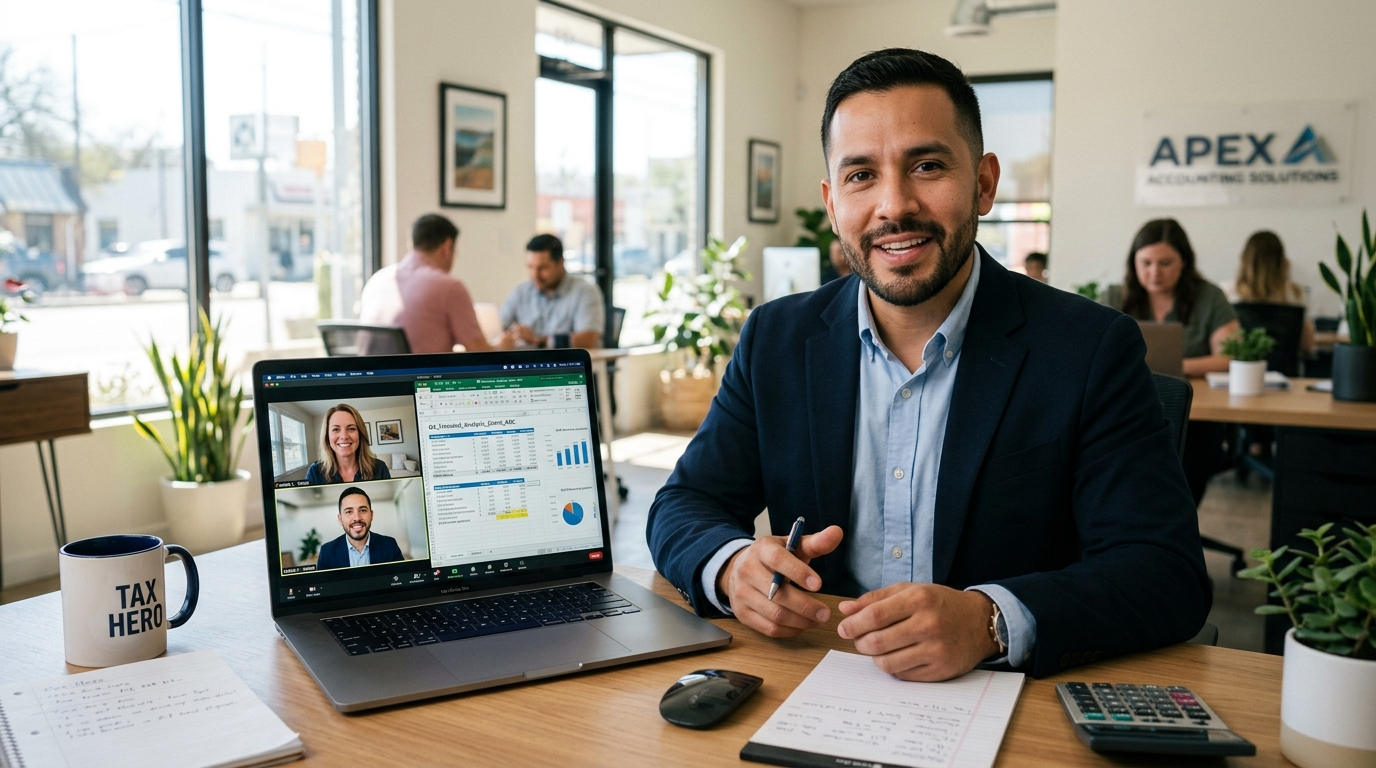 Nearshore virtual bookkeeper on video call with US small business client, reviewing monthly financial reconciliation