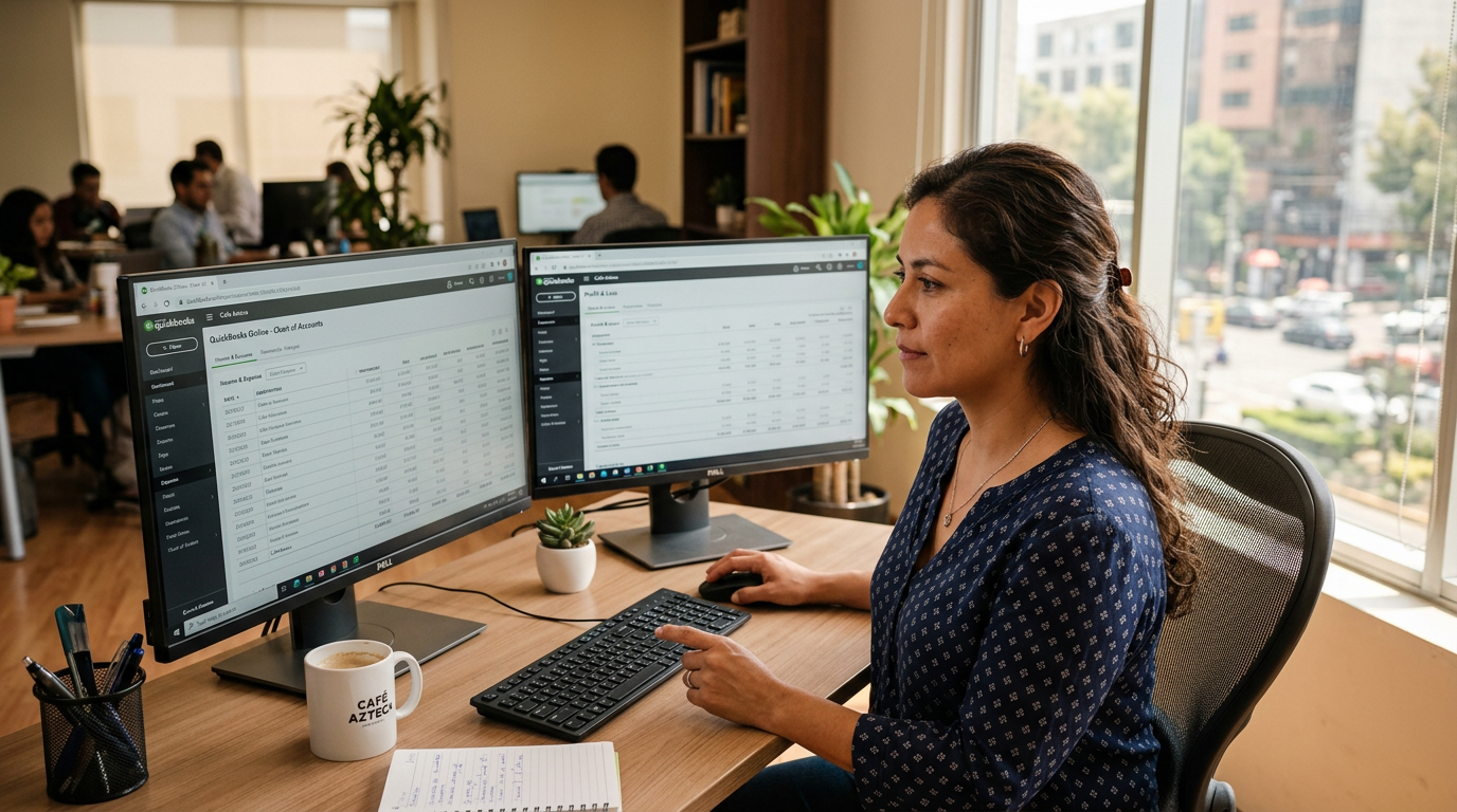 Nearshore virtual bookkeeper reviewing QuickBooks ledger on dual monitors, representing 2026 virtual bookkeeping rates