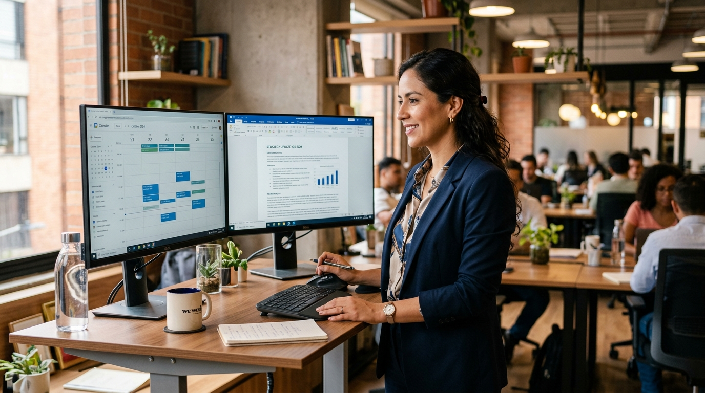 Latin American virtual chief of staff reviewing executive calendar and briefing documents on dual monitors in a modern co-working office