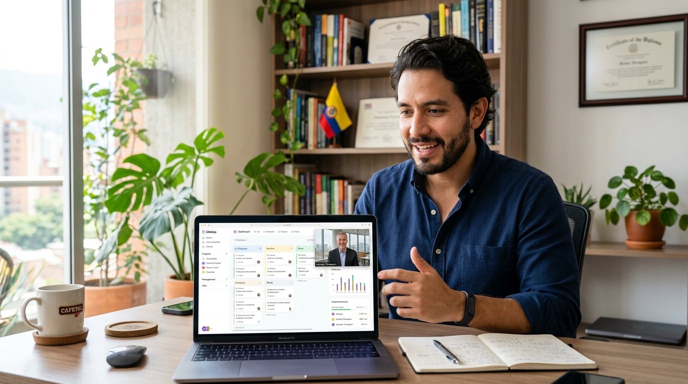 Latin American virtual chief of staff on video call with US executive reviewing project dashboard in professional home office