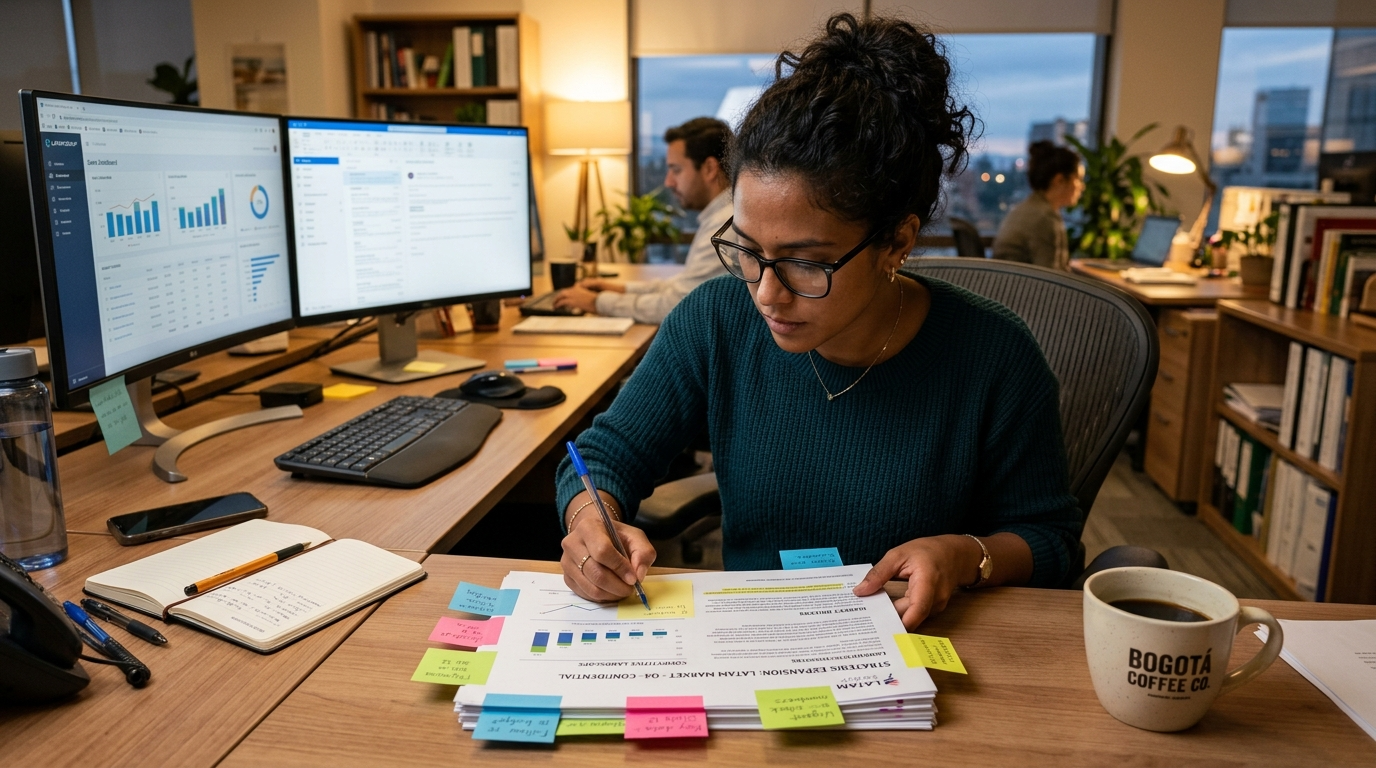 Nearshore virtual chief of staff annotating executive briefing document with sticky notes at organized desk with dual monitor setup