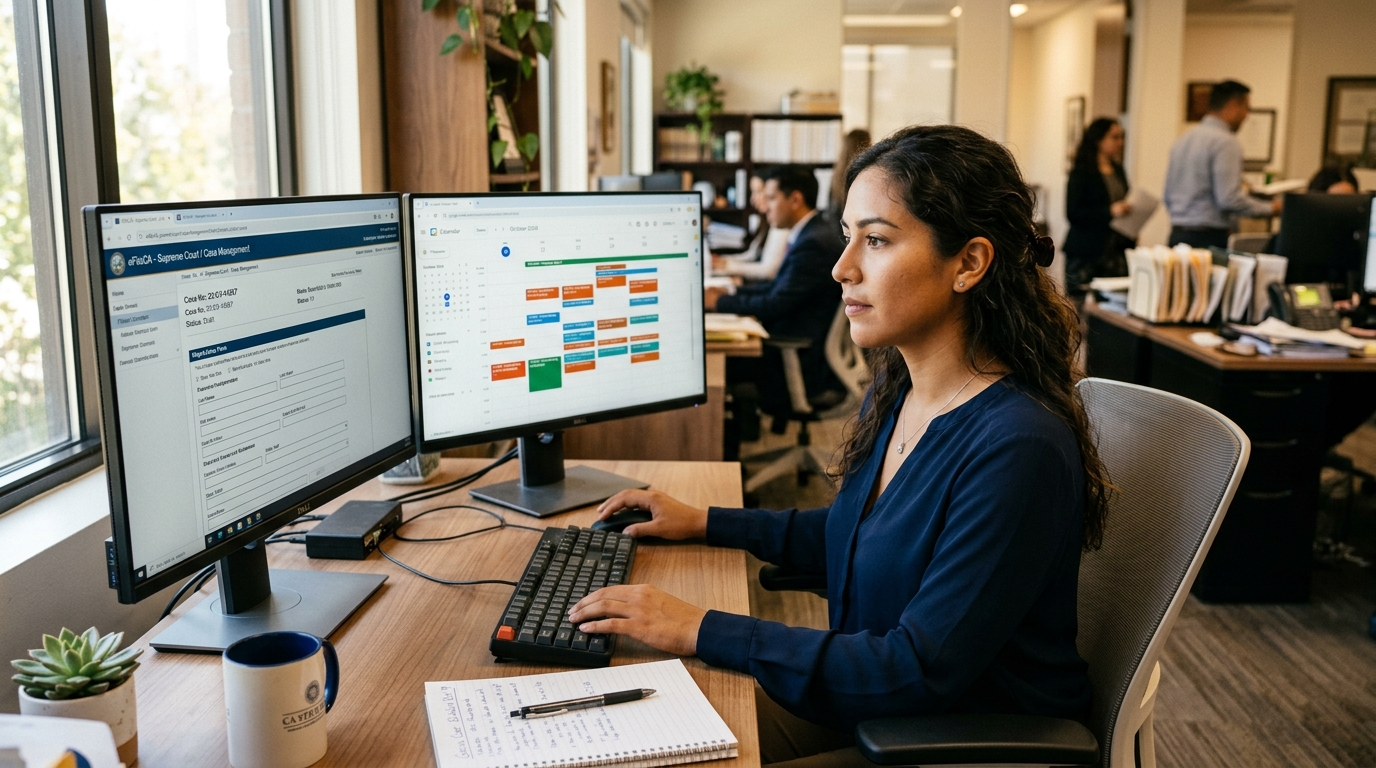 Nearshore virtual court filing assistant reviewing an e-filing portal on dual monitors in a modern Latin American home office