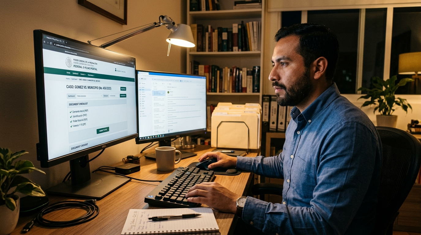 Virtual court filing assistant submitting documents through an e-filing portal with a checklist on screen