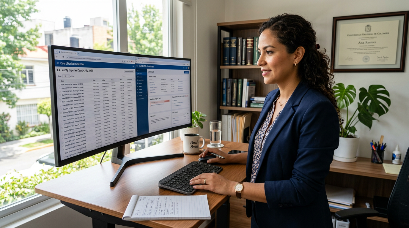 Nearshore virtual court filing assistant managing docket deadlines in practice management software with calendar sync visible