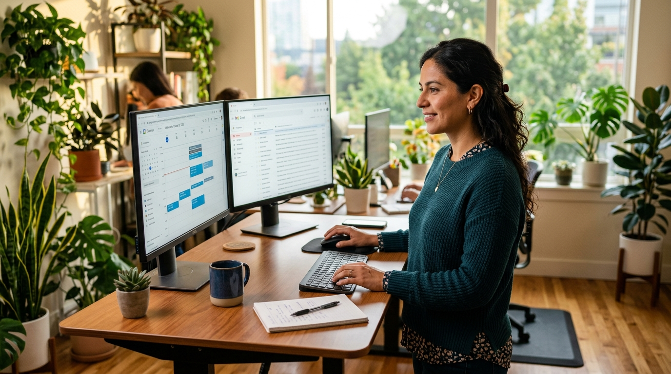 Nearshore virtual executive assistant managing business calendar and inbox from a modern Latin American home office in 2026