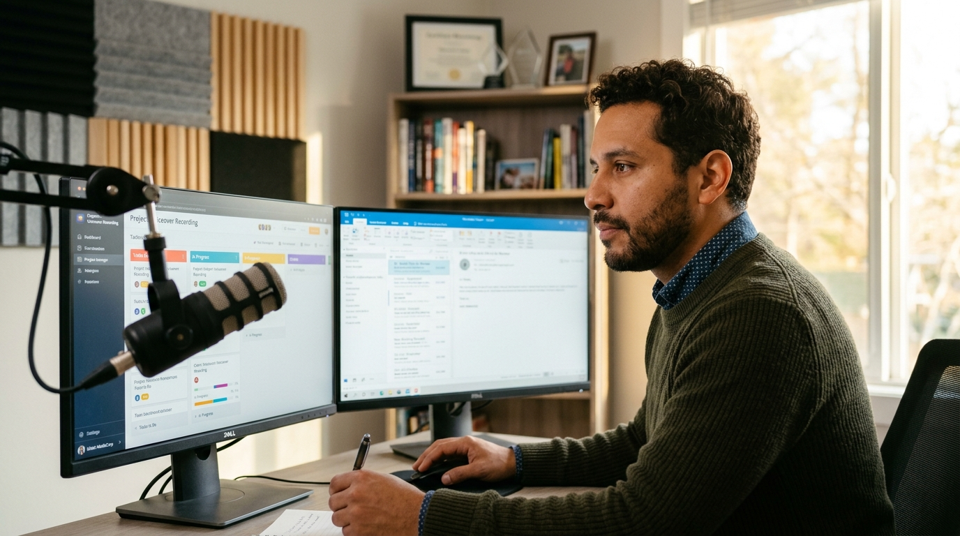 Nearshore virtual EA reviewing executive briefing documents and project tasks on dual monitors in a Latin American home office