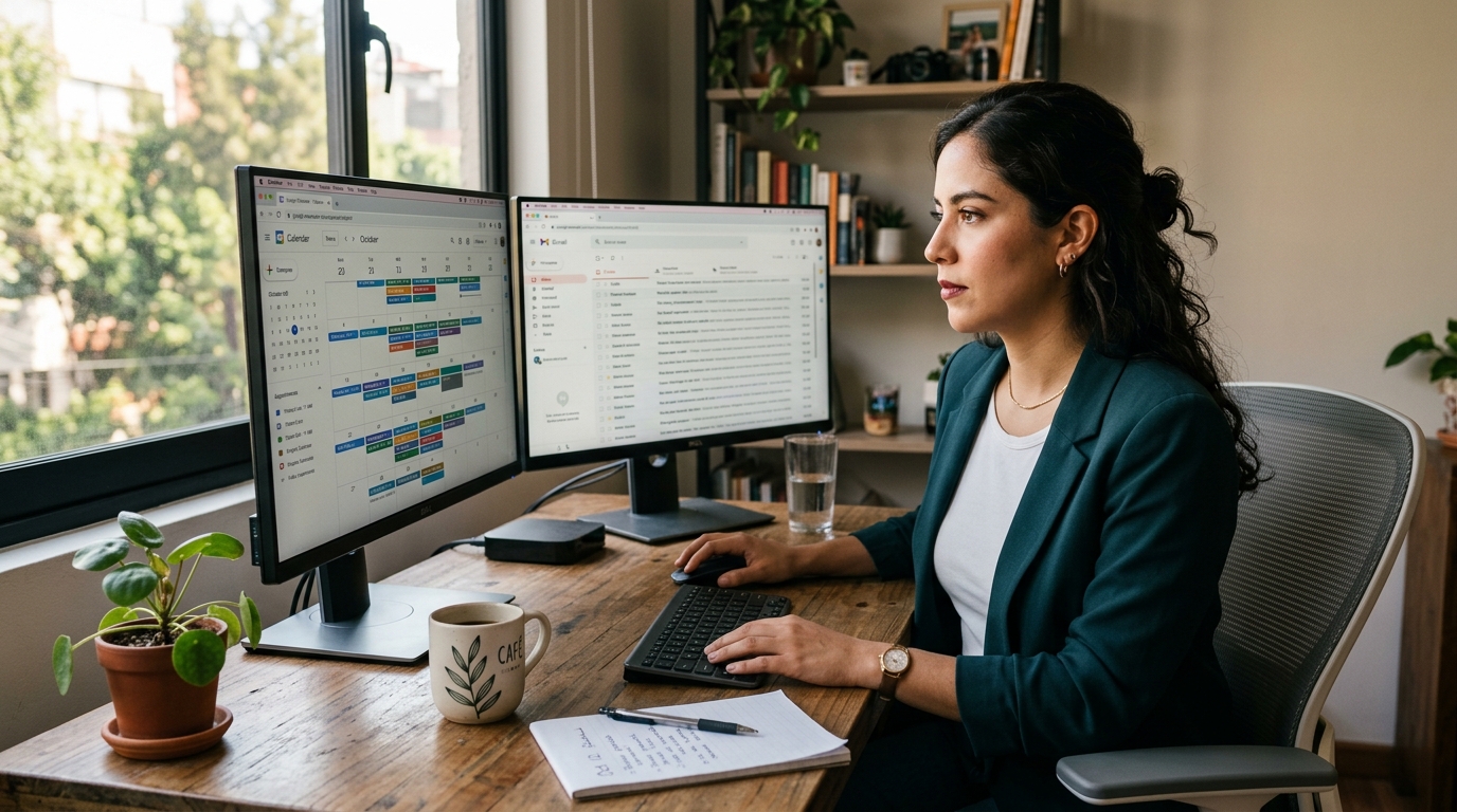 Latin American virtual executive assistant managing a calendar and inbox at a bright home office desk — virtual executive assistant cost 2026