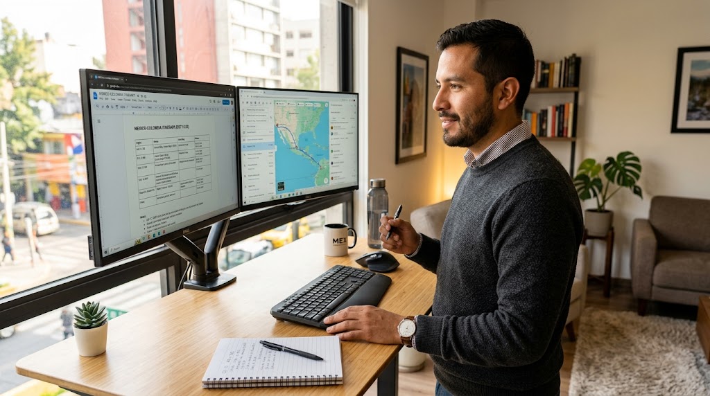 Nearshore virtual executive assistant reviewing a travel itinerary on dual monitors — virtual executive assistant cost per hour 2026