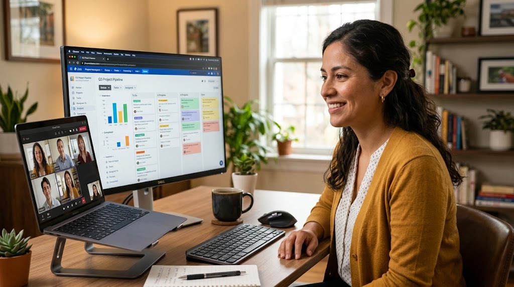 Nearshore virtual executive assistant on a video call managing a project dashboard — hidden costs of virtual assistant hiring