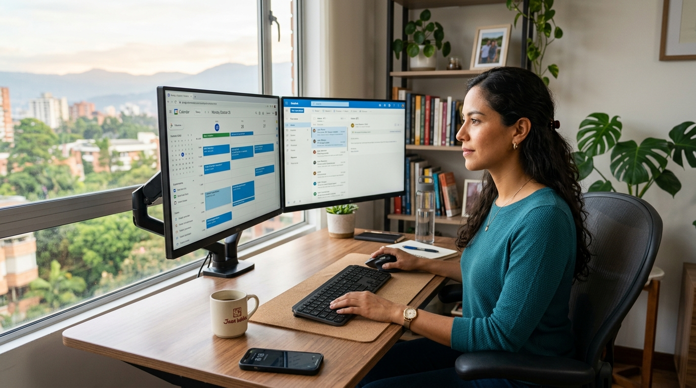 Latin American virtual executive assistant working at dual monitors providing remote executive support for an Edinburgh business in 2026