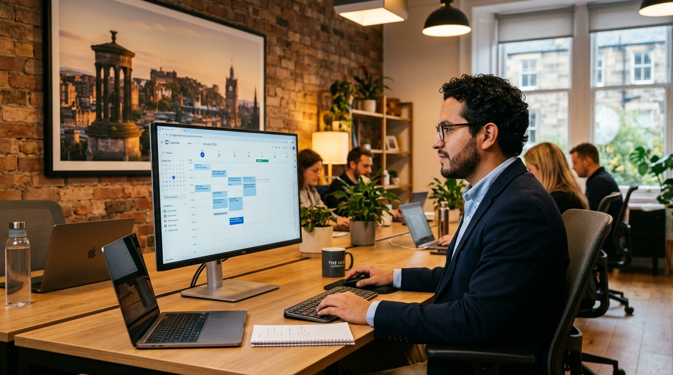 Nearshore virtual executive assistant reviewing calendar schedules to support an Edinburgh-based executive team in 2026