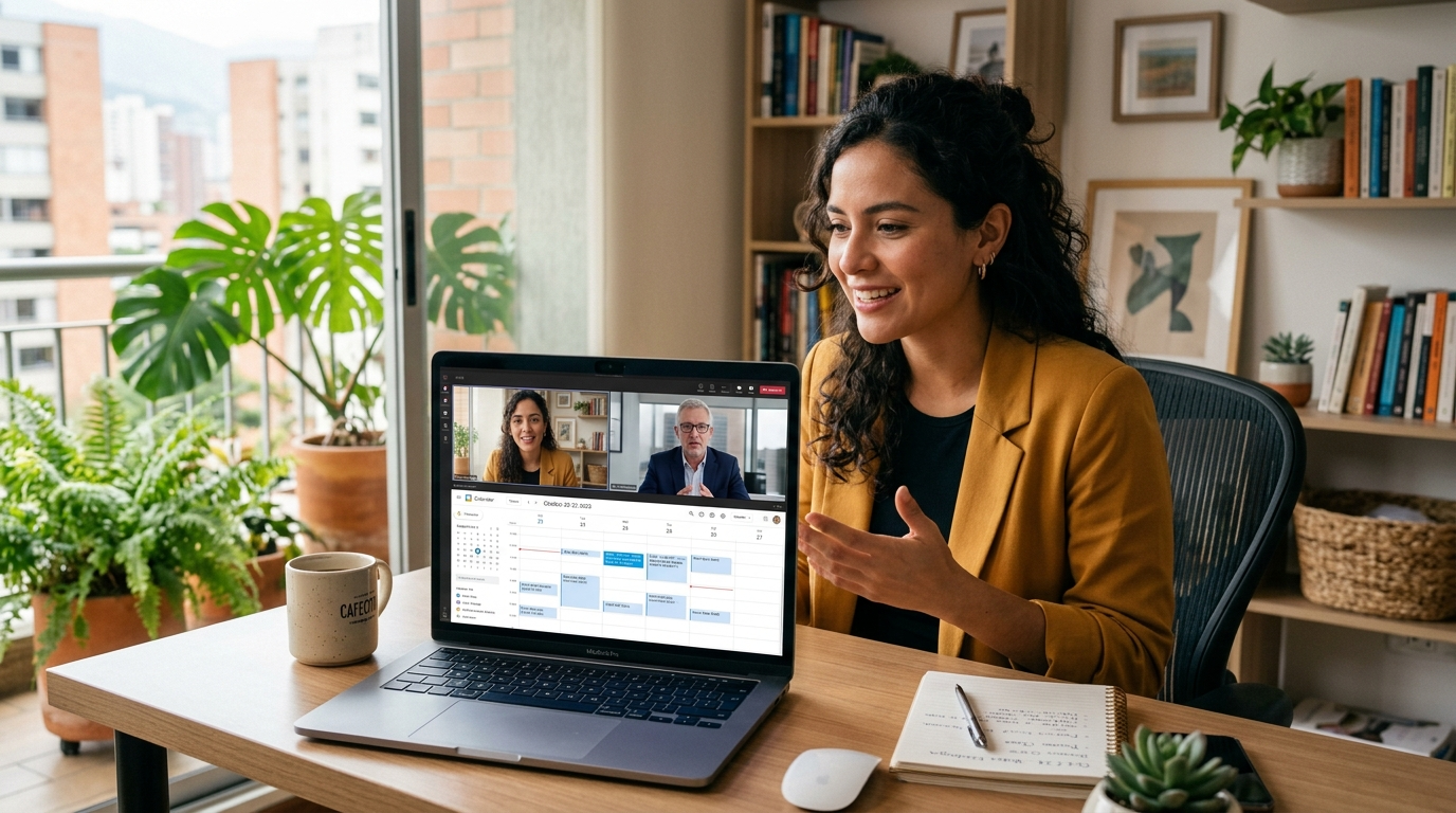 Nearshore virtual executive assistant on a live video call supporting an Edinburgh business executive with calendar and project management