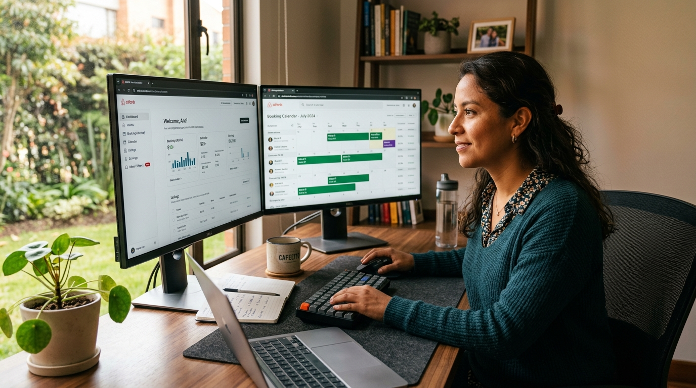 Nearshore virtual hospitality staff for vacation rentals managing guest bookings on dual monitors from a Latin American home office