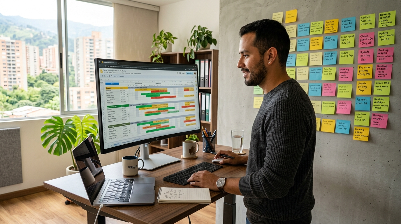 Nearshore virtual hospitality staff member reviewing vacation rental booking calendar and guest communications on monitor