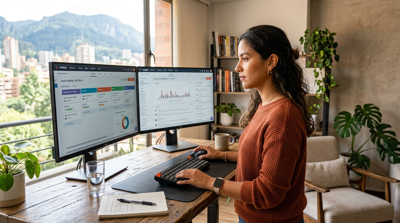 Latin American virtual HubSpot administrator reviewing CRM pipeline dashboard — virtual HubSpot administrator services compared 2026