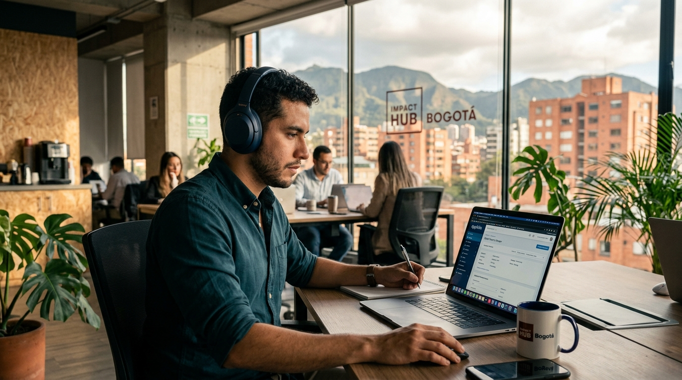 Nearshore virtual leasing agent in Bogotá co-working space reviewing rental application in AppFolio during US business hours