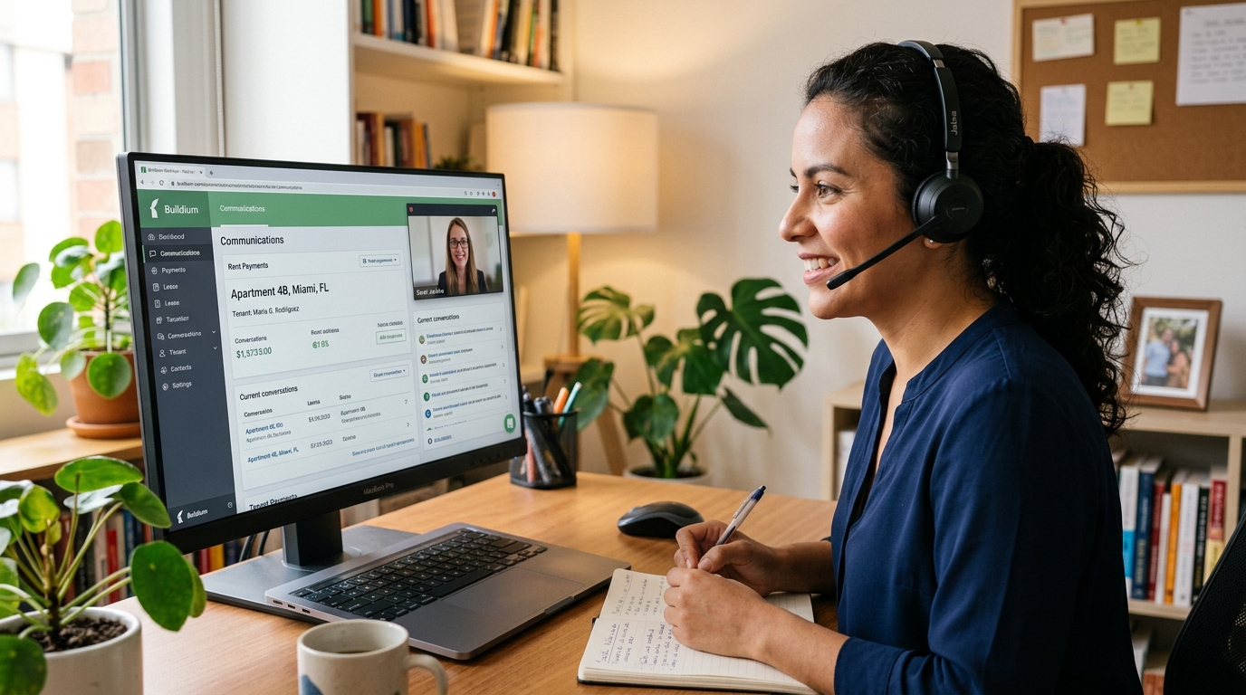 Nearshore virtual leasing coordinator on video call with US property manager, Buildium leasing dashboard visible on screen