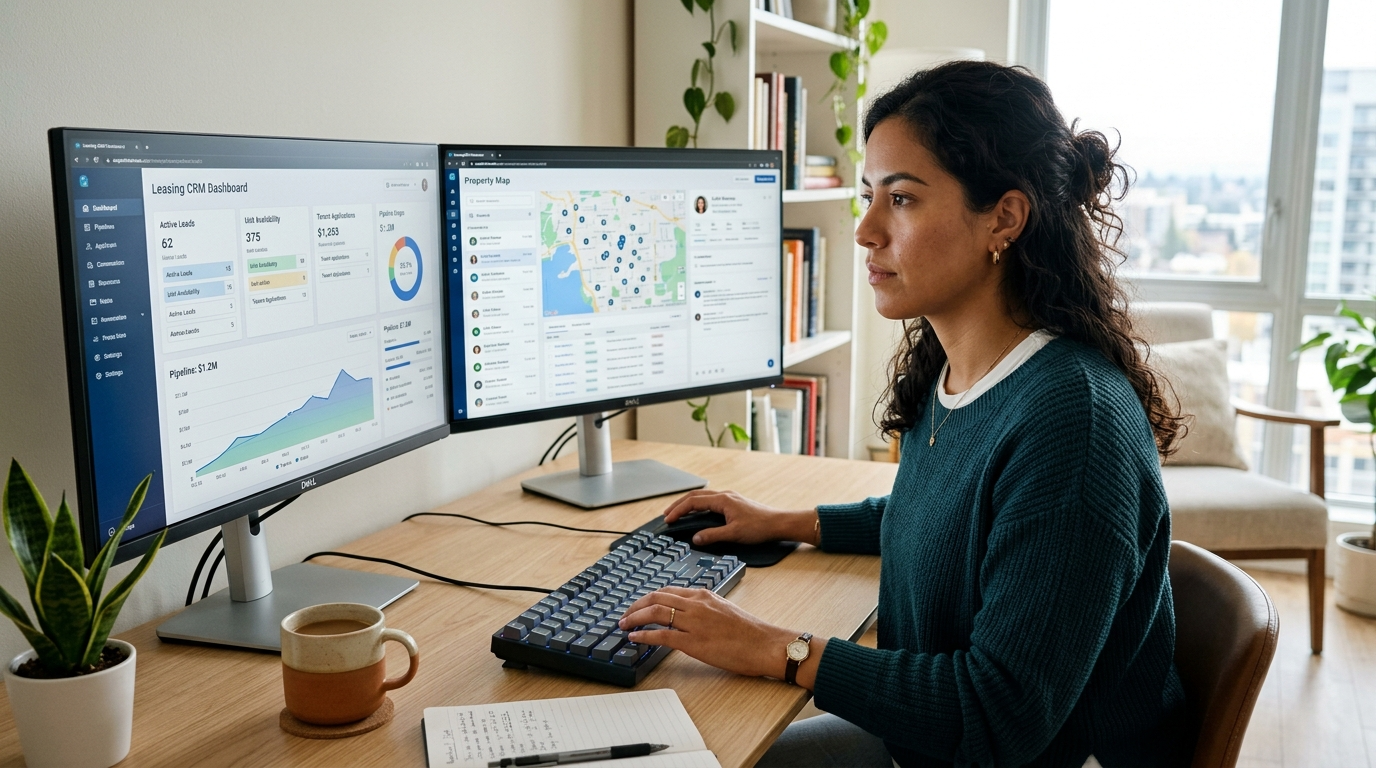 Nearshore virtual leasing assistant reviewing rental applications on dual monitors in a bright Latin American home office