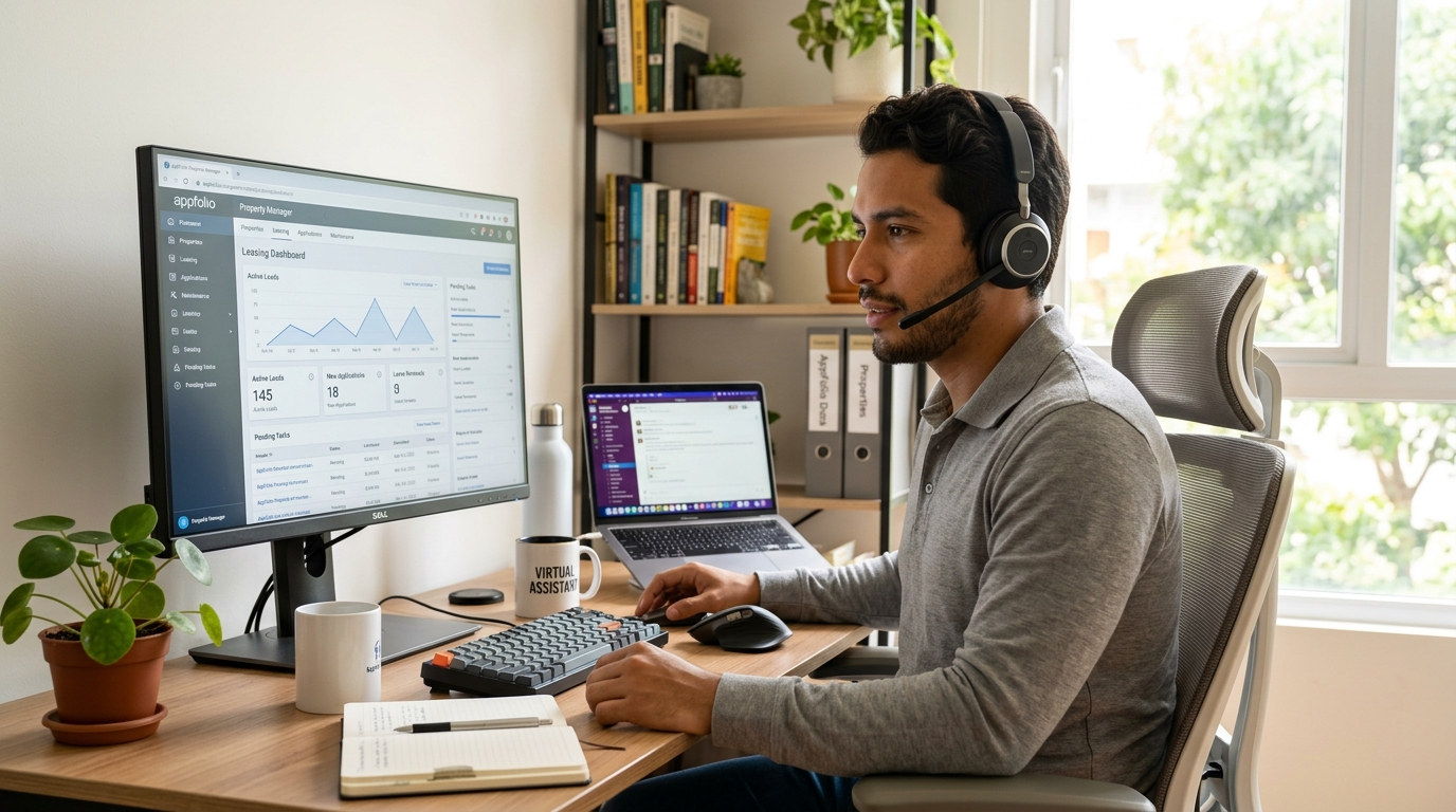 Virtual leasing assistant managing rental inquiries in AppFolio on a bright home office setup in Latin America