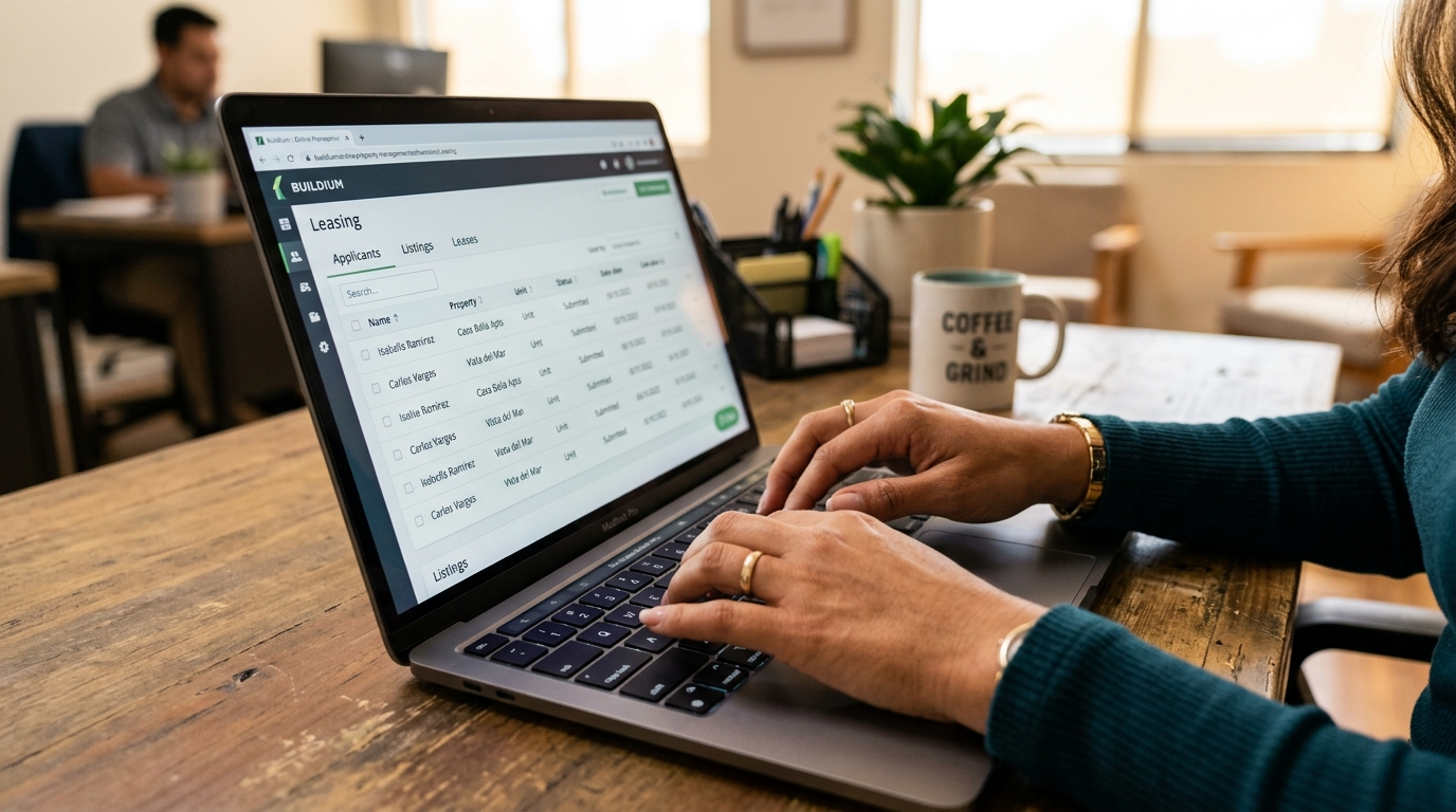 Nearshore virtual leasing assistant updating rental listings inside Buildium property management software