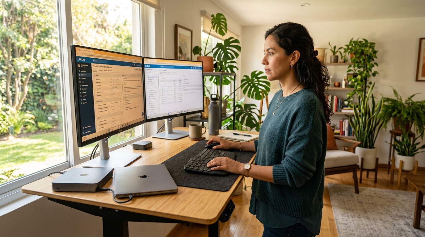 Nearshore virtual legal secretary reviewing case files on dual monitors in a modern Latin American home office setup