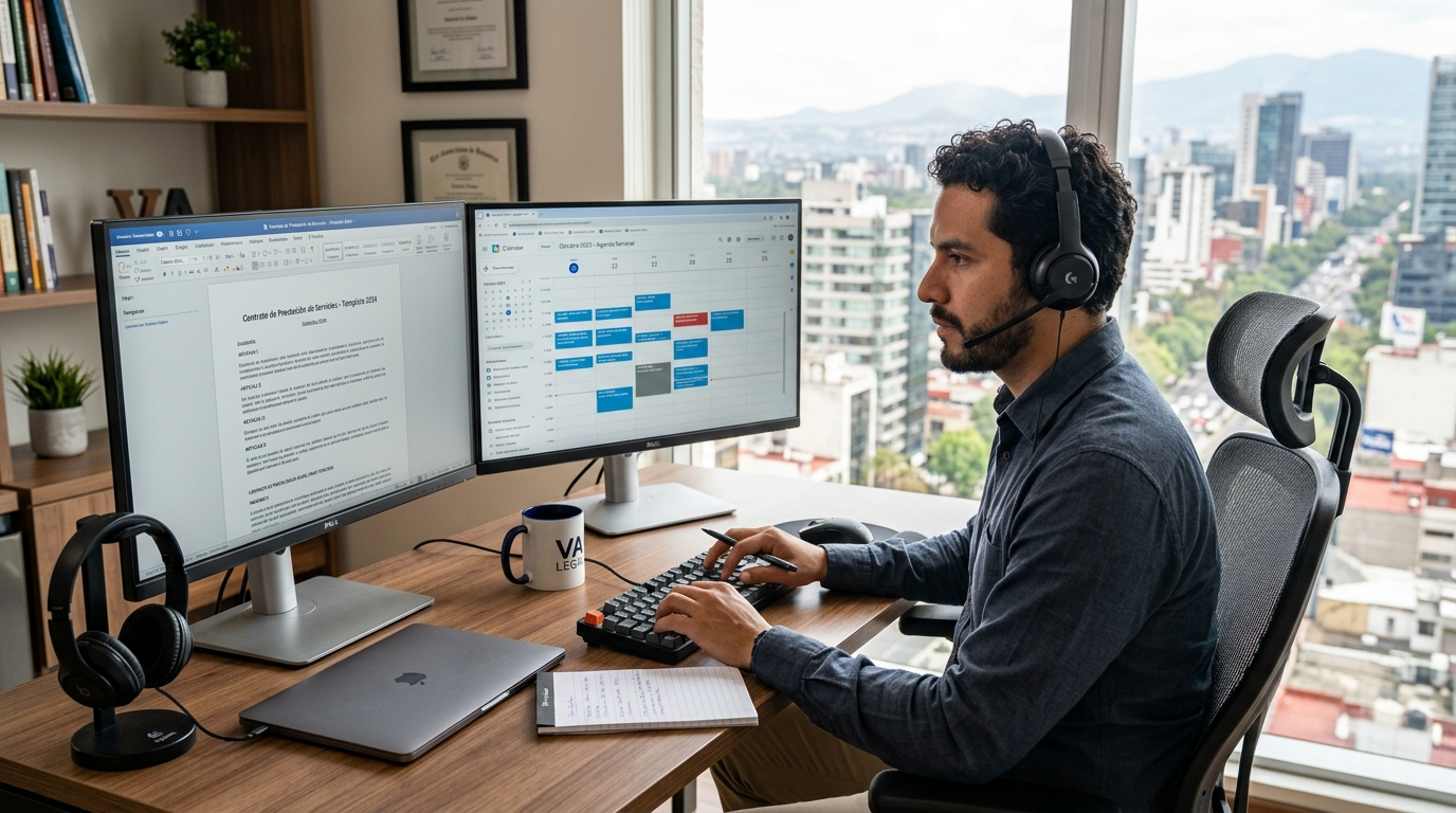 Virtual legal secretary in Latin America managing attorney scheduling and legal document templates on dual monitors