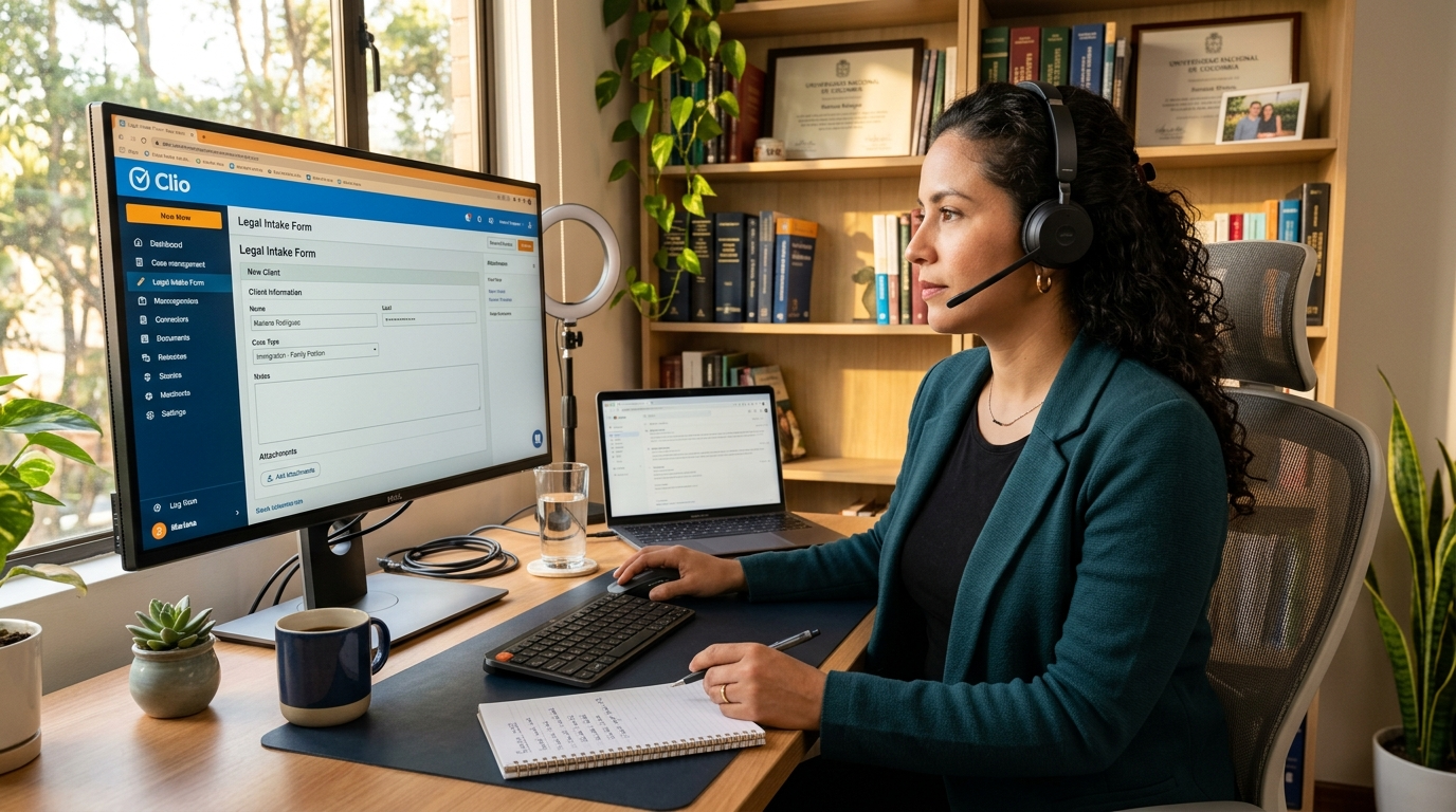 Nearshore virtual legal secretary in Latin America handling client intake on Clio case management software during US business hours