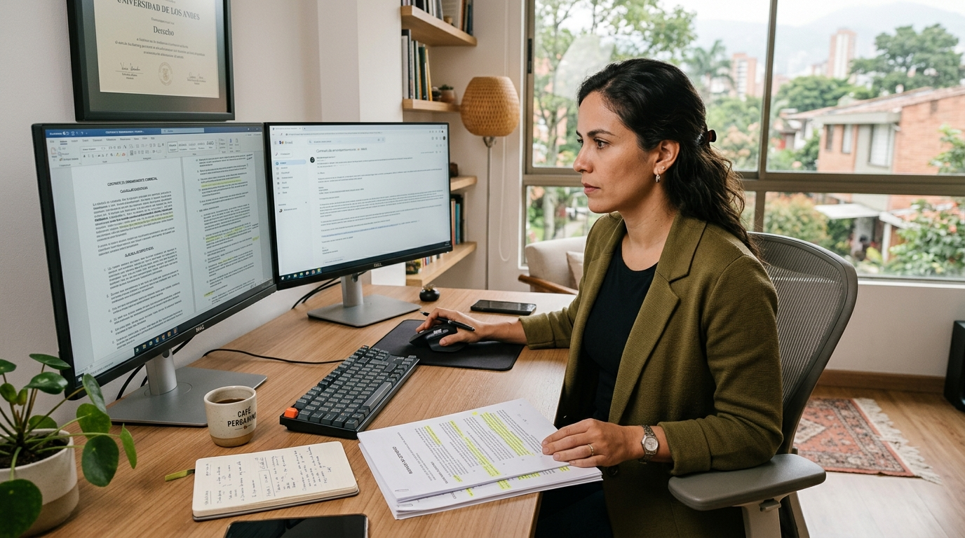 Nearshore virtual litigation support specialist reviewing case documents on dual monitors in a modern Latin American home office