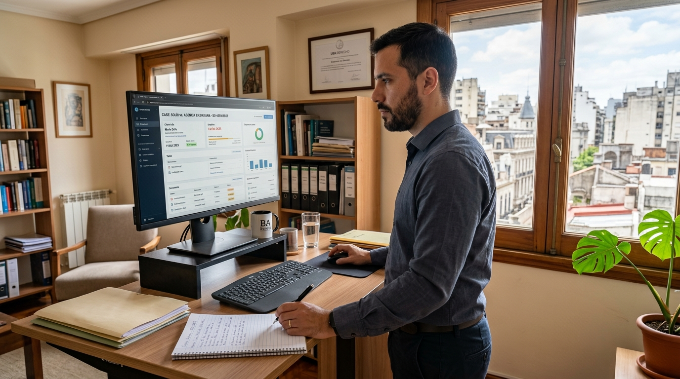 Virtual litigation support specialist managing case files on a legal software dashboard from a Latin American remote office